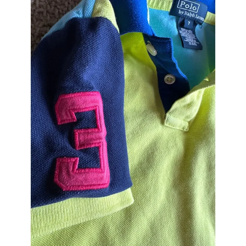 Polo by Ralph Lauren Bright Colorblock Big Pony Blue Logo #3 Sleeve Kids 7 Polo